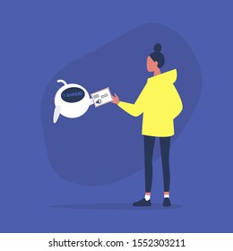 New unread email notification, cute robot giving the envelope to the female character, new technologies