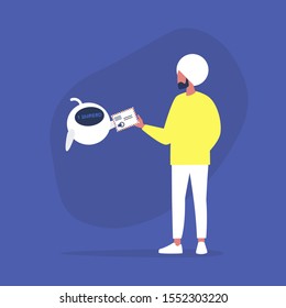 New unread email notification, cute robot giving the envelope to the indian male character, new technologies