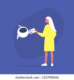 New unread email notification, cute robot giving the envelope to the female character, new technologies
