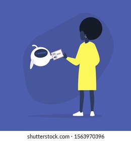 New unread email notification, cute robot giving the envelope to the black female character, new technologies