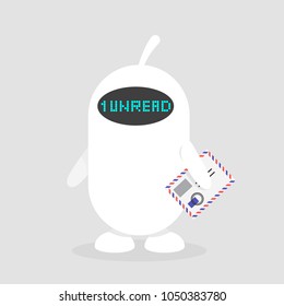 New unread mail. Inbox. Notification. Cute white robot holding an envelope. Flat editable vector illustration, clip art