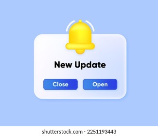 Nueva actualización en diseño 3D. Nueva actualización de etiqueta moderna con bell. Banner web con timbre de notificación. Elemento de banner web de actualización de software del sistema. Ilustración vectorial.