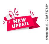 New update banner label design, megaphone icon. Vector illustration.