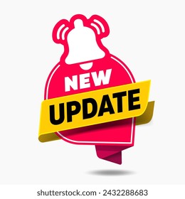 New update banner label design. Quality web element. Announcement bubble for promotion. Update warning offer for sale. New promotion alert button with Bell icon.