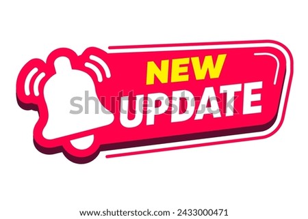 New update banner label design. Quality web element. Update warning offer for sale. New promotion alert button with Bell icon.
