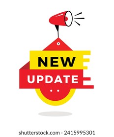 Nueva actualización, banner, icono de etiqueta megáfono. Diseño para anuncio o publicidad. Signo vectorial de estilo plano.