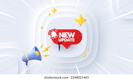 New update banner. Neumorphic offer 3d banner, poster. Red speech bubble with bell. Woman silhouette with megaphone icon. New update promo event background. Sunburst banner, flyer or coupon. Vector