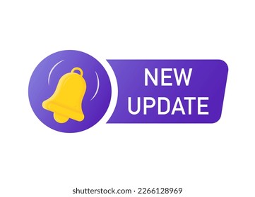 Nuevo cartel de actualización con timbre de notificación. Nueva notificación de actualización disponible. Recordatorio para la nueva actualización del software del sistema, web y aplicación. Ilustración vectorial.