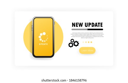 Neues Update-Banner. Prozessaktualisierungen für mobile Systeme auf Smartphone-Bildschirm. Betriebssystem aktualisieren. Downloads oder Uploads neuer Versionen auf Smartphone. Vektorgrafik einzeln auf weißem Hintergrund. EPS10