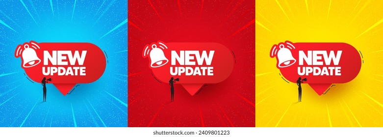 New update banner. Sunburst offer banner, flyer or poster. Red speech bubble with bell. Woman silhouette with megaphone icon. New update promo event banner. Starburst pop art coupon. Vector