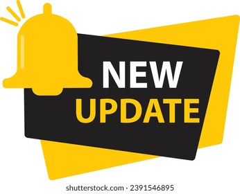 Nueva actualización con bell. Banner moderno con timbre de notificación. color negro y amarillo