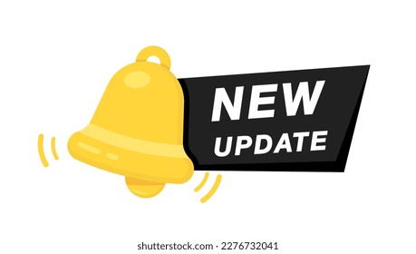 New update with bell. Modern label with bell. System software upgrade web banner element. New update available notification. Reminder for new update for software, web and app. Vector