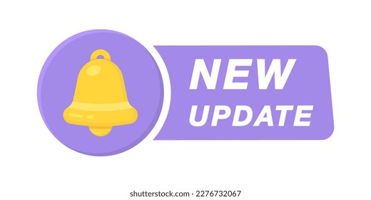 New update with bell. Modern label with bell. System software upgrade web banner element. New update available notification. Reminder for new update for software, web and app. Vector