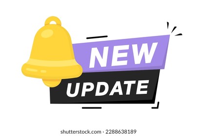 New update with bell. Modern label with bell. System software upgrade web banner element. New update available notification. Reminder for new update for software, web and app. Vector
