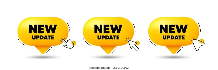 New update icon. Click here buttons. Special offer sign. Important information available symbol. New update speech bubble chat message. Talk box infographics. Vector