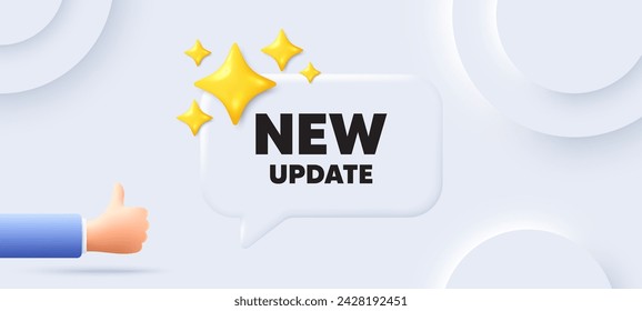 New update icon. Neumorphic background with chat speech bubble. Special offer sign. Important information available symbol. New update speech message. Banner with like hand. Vector