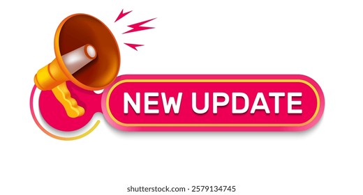 New update icon. Special offer sign. Rounded label with megaphone icon and text new update. New update speech message. 