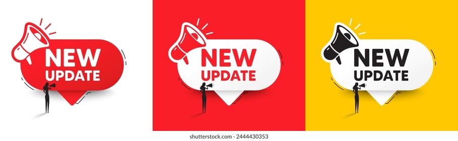 New update icon. Speech bubble with megaphone and woman silhouette. Special offer sign. Important information available symbol. New update chat speech message. Woman with megaphone. Vector