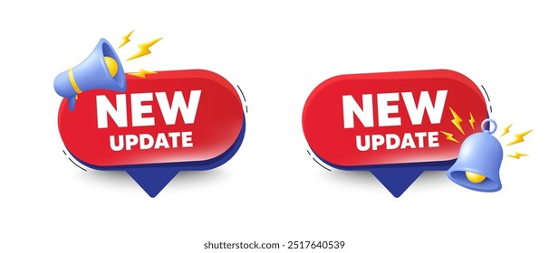 New update icon. Speech bubbles with 3d bell, megaphone. Special offer sign. Important information available symbol. New update chat speech message. Red offer talk box. Vector