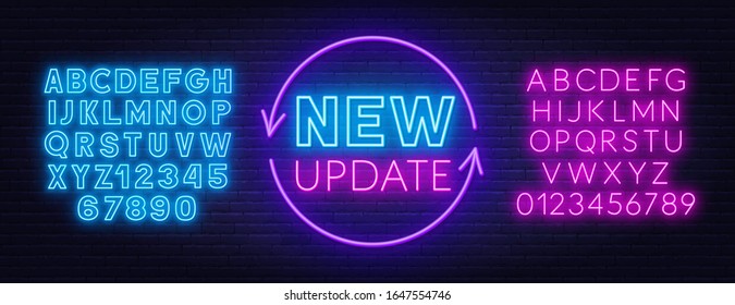 New update neon sign on brick wall background.