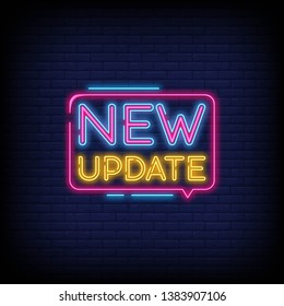 New Update Neon Text Vector with a Brick Wall Background  design template  modern trend design  night neon signboard  night bright advertising  light banner  light art. Vector illustration