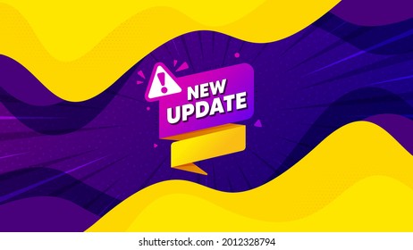 New update paper banner. Fluid liquid background with offer message. Important message tag. Exclamation mark icon. Best advertising coupon banner. New update badge shape. Vector