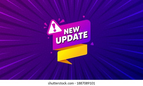 New Update Paper Banner. Purple Background With Offer Message. Important Message Tag. Exclamation Mark Icon. Best Advertising Coupon Banner. New Update Badge Shape. Abstract Background. Vector