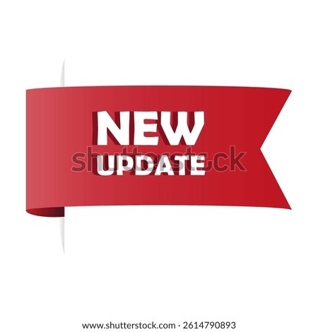 New update ribbon. Vector product banner. Announcement tag shape. Red modern label.