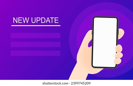 Neues Update-Zeichen. Flat, lila, Handy-Bildschirm-Mock-up, neues Update-Zeichen, Vorlage für Text. Vektorgrafik