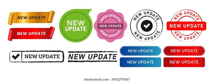 new update stamp ribbon speech bubble and button sign for available version