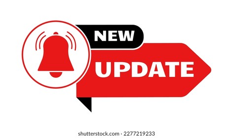 New update sticker. Now upgrade band icon. Banner for sale, web marketing notice. Important message with bell, information arrow decent vector sign