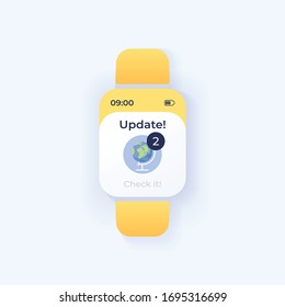 New updates notice smartwatch interface vector template. Mobile app notification day mode design. Unread messages reminder screen. Flat UI for application. Globe on smart watch display