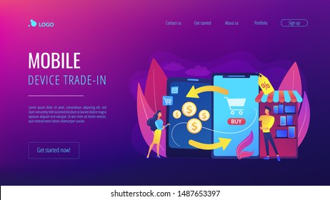 New and used gadget exchange. Mobile device trade-in, trade-in retail operations, leave us your old device, buyback electronics concept. Website homepage landing web page template.