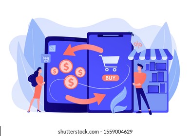 New and used gadget exchange. Mobile device trade-in, trade-in retail operations, leave us your old device, buyback electronics concept. Pinkish coral bluevector isolated illustration