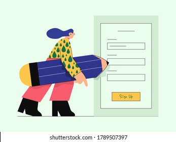 New user filla the form to complete registration process. Vector illustration with big object style.