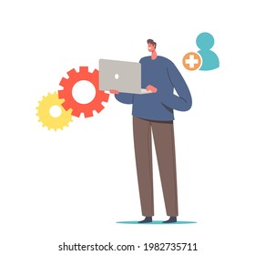 New User Male Character with Laptop in Hands Sign up on Web Site or Register in Internet Community and Open Online Registration, Create Account via Digital Device. Cartoon People Vector Illustration