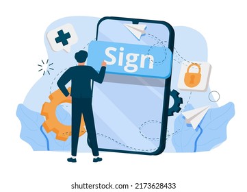 New User Online Registration and Sign Up Concept. Tiny Characters Signing Up on Huge Smartphone with Secure Password and Login for Account. Mobile App, Web Access. Cartoon People Vector Illustration