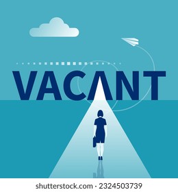 New vacancy. Businesswoman stands in front of an open door. Symbol invitation to work. Hiring new staff. Vector illustration flat design. Isolated on white background.
