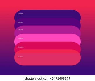 The New Valentine Color Scheme has six beautiful colors, a color swatch, catalog samples, and trendy multicolored pallets. Vector illustration