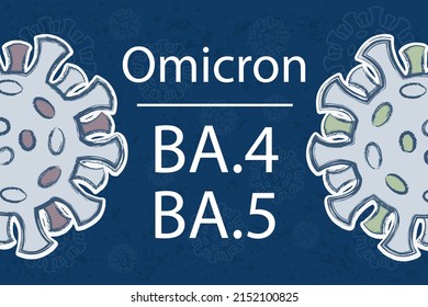 New variants of Omicron BA.4 and BA.5. White text on dark blue background. Different colors of the spike proteins symbolize different mutations.