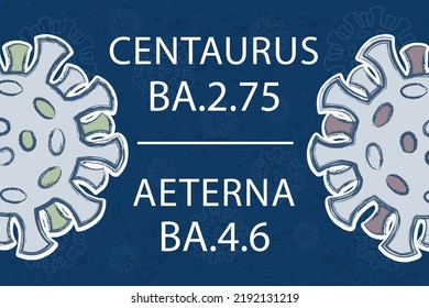 New variants of Omicron Centaurus BA.2.75 and Aeterna BA.4.6. White text on dark blue background. Different colors of the spike proteins of Coronavirus symbolize different mutations.