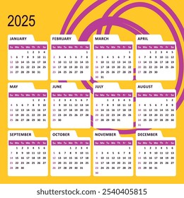 Novas semanas de calendário de vetor 2025 começam a partir de domingo