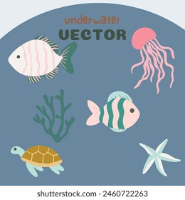 New Vector EPS Underwater Animals Cartoon Illustration Kids Children Fish Turtle Jellyfish Seaweed Swim Poster Banner Card Cute Colorful Set Collection Baby Pink White Starfish 