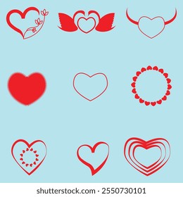 New vector hearts icons: with a hole pierced by an arrow, punctured with a pin, with a keyhole, with a crack, sealed plaster, thread protection, buttoned with a lock. Funny symbol of love and passion.