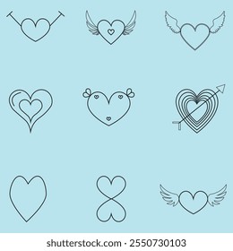 New vector hearts icons: with a hole pierced by an arrow, punctured with a pin, with a keyhole, with a crack, sealed plaster, thread protection, buttoned with a lock. Funny symbol of love and passion.