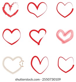 New vector hearts icons: with a hole pierced by an arrow, punctured with a pin, with a keyhole, with a crack, sealed plaster, thread protection, buttoned with a lock. Funny symbol of love and passion.