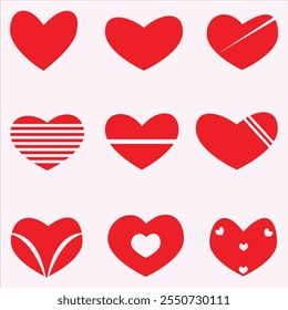 New vector hearts icons: with a hole pierced by an arrow, punctured with a pin, with a keyhole, with a crack, sealed plaster, thread protection, buttoned with a lock. Funny symbol of love and passion.