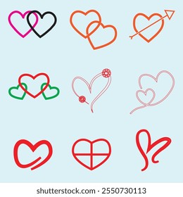 New vector hearts icons: with a hole pierced by an arrow, punctured with a pin, with a keyhole, with a crack, sealed plaster, thread protection, buttoned with a lock. Funny symbol of love and passion.