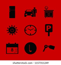 new vector icons set. with key tag, march calendar, man with car and solar power in set