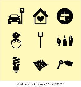 new vector icons set. with parked car, pitchfork, drawing painting tools and open box in set